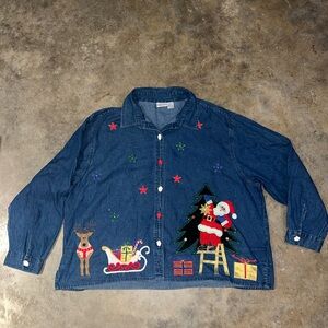 Festive Denim Jean Jacket with Holiday Embroidery